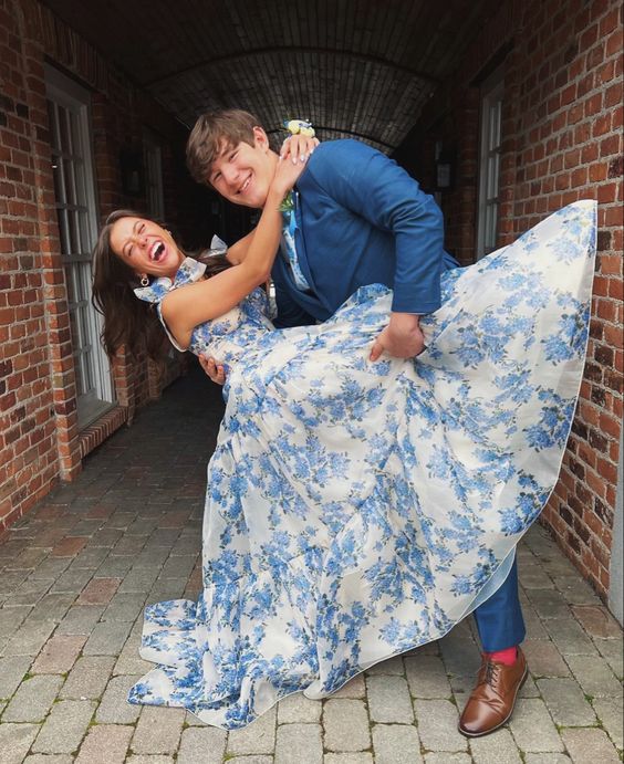 Sexy A line Long Blue Floral Prom Dress Blue and White Party Dresses P