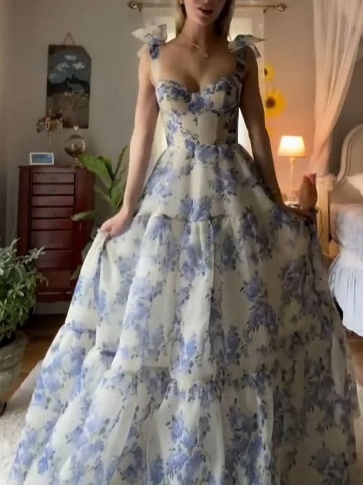 Sexy A line Long Blue Floral Prom Dress Blue and White Party Dresses P