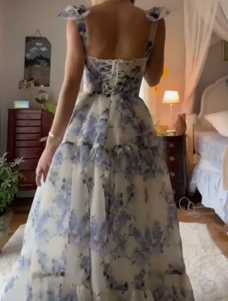 Sexy A line Long Blue Floral Prom Dress Blue and White Party Dresses P PreppyDress Sexy A line Long Blue Floral Prom Dress Blue and White Party Dresses P PreppyDress