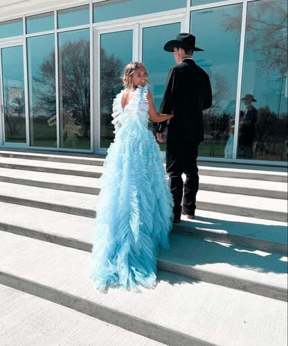 Sky Blue New Style Long Prom Dress Puffy Sleeveless Party Dresses P159 –  PreppyDress