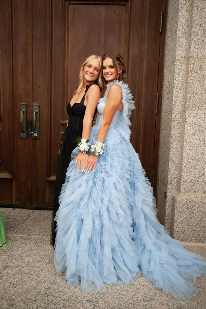 open lace back dress Sky Blue New Style Long Prom Dress Puffy Sleeveless Party Dresses P159 –  PreppyDress