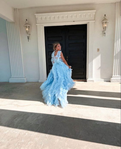 Himmelblaues, langes Ballkleid im neuen Stil, flauschiges, ärmelloses Partykleid P1593