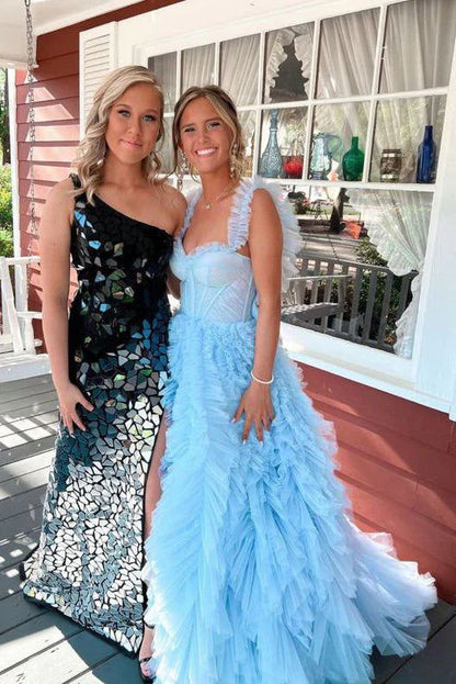 Himmelblaues, langes Ballkleid im neuen Stil, flauschiges, ärmelloses Partykleid P1593