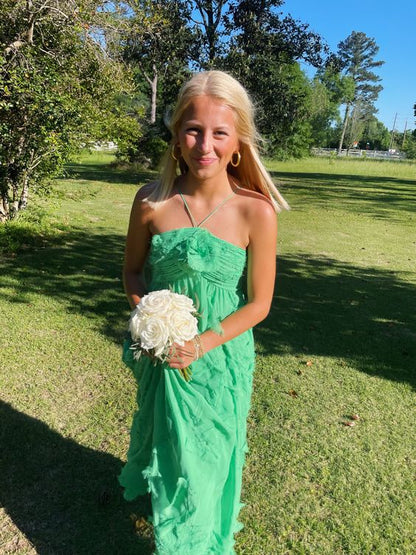 Einfaches A-Linien-Neckholder-Abendkleid in Lang Grün Partykleider P1596
