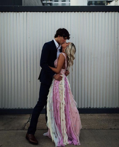 open lace back dress Sexy A line Long Ombre Tulle Prom Dress Party Dresses P1597