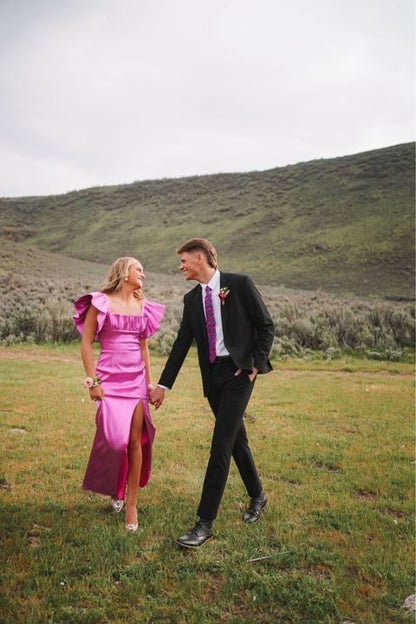 Sexy A-Linie Abschlussballkleid mit eckigem Ausschnitt, langem Schlitz und rosa Pailletten P1598