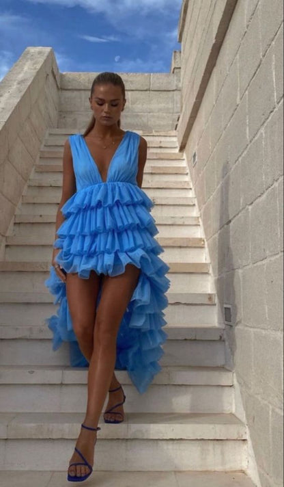 Sexy hoch-tief geschnittenes, blaues Ballkleid mit V-Ausschnitt, Tüll-Partykleider P1608