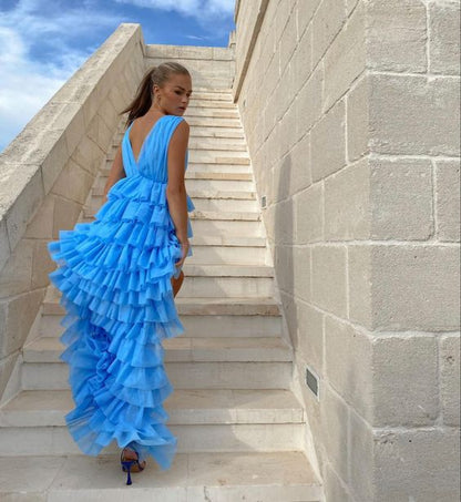 Sexy hoch-tief geschnittenes, blaues Ballkleid mit V-Ausschnitt, Tüll-Partykleider P1608