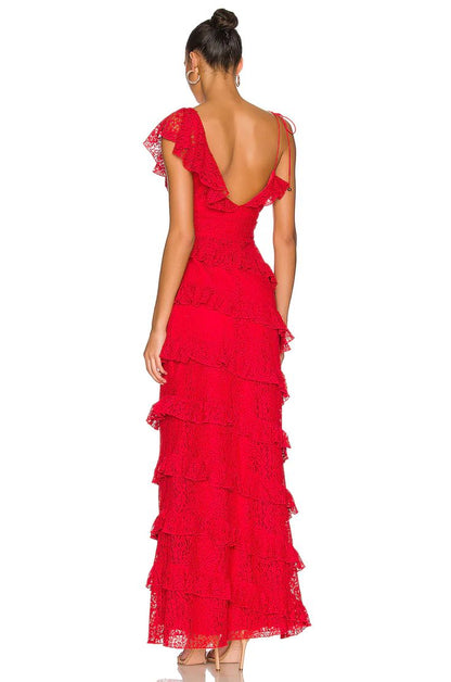 fitted lace wedding dress Ruffle Sleeve Cut Out Back Maxi Dress in Red main image 0