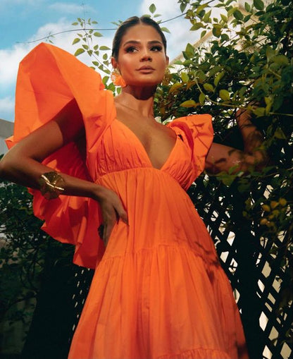 Sexyes A-Linien Ballkleid mit V-Ausschnitt in Orange, lange Partykleider P1611