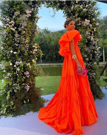 Sexyes A-Linien Ballkleid mit V-Ausschnitt in Orange, lange Partykleider P1611