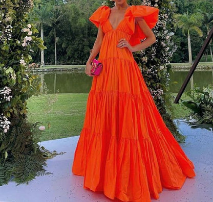Sexyes A-Linien Ballkleid mit V-Ausschnitt in Orange, lange Partykleider P1611