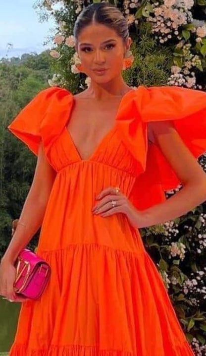 Sexyes A-Linien Ballkleid mit V-Ausschnitt in Orange, lange Partykleider P1611