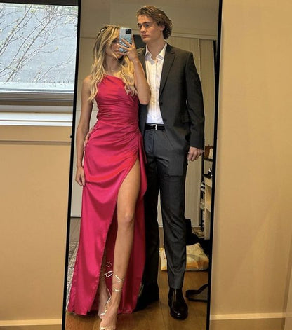 Meerjungfrau One Shoulder Langes Abschlussballkleid in Hot Pink P1624