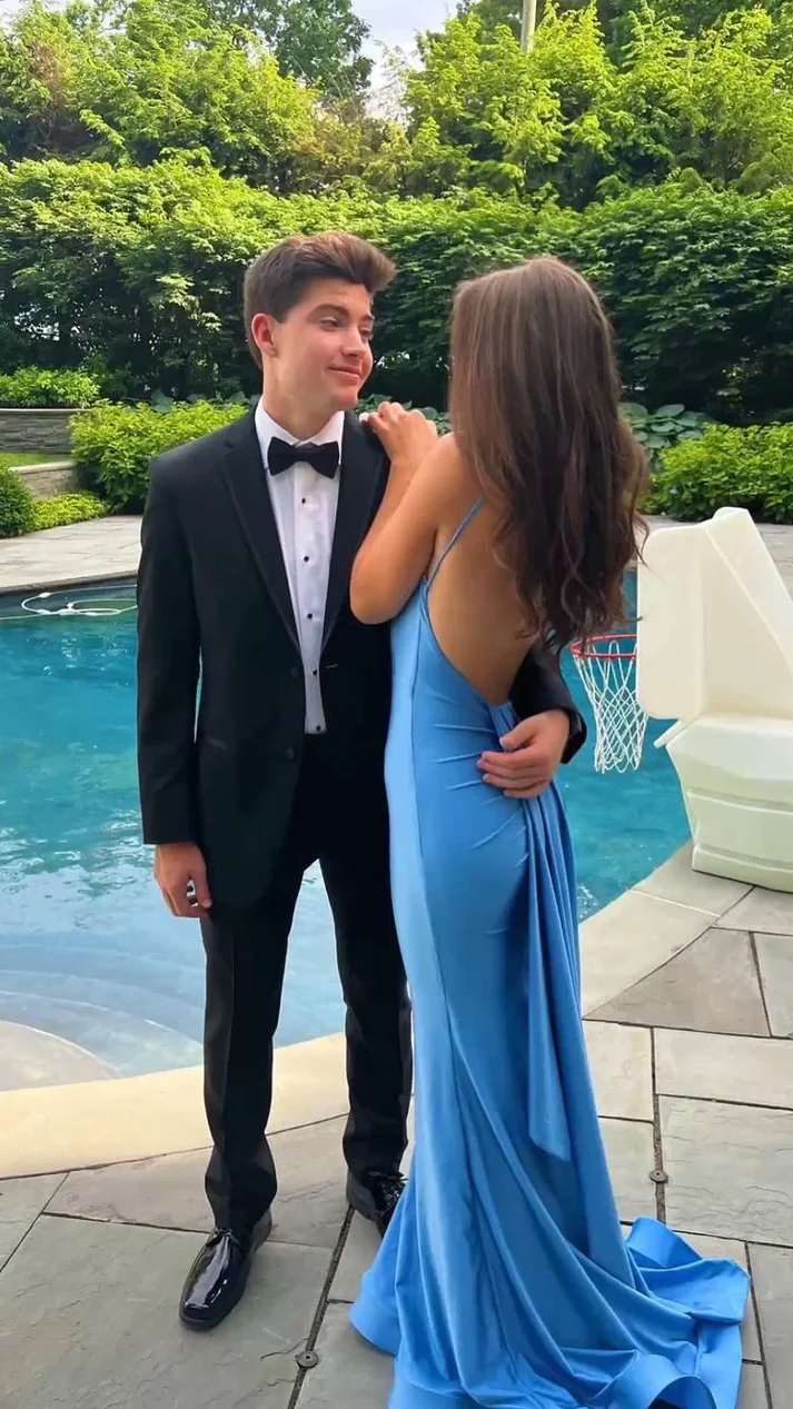 Sexy Mermaid Straps Neckline Backles Blue Long Prom Dress P1626