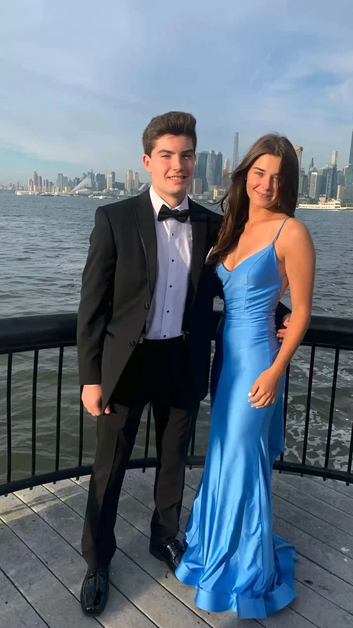 Sexy Mermaid Straps Neckline Backles Blue Long Prom Dress P1626
