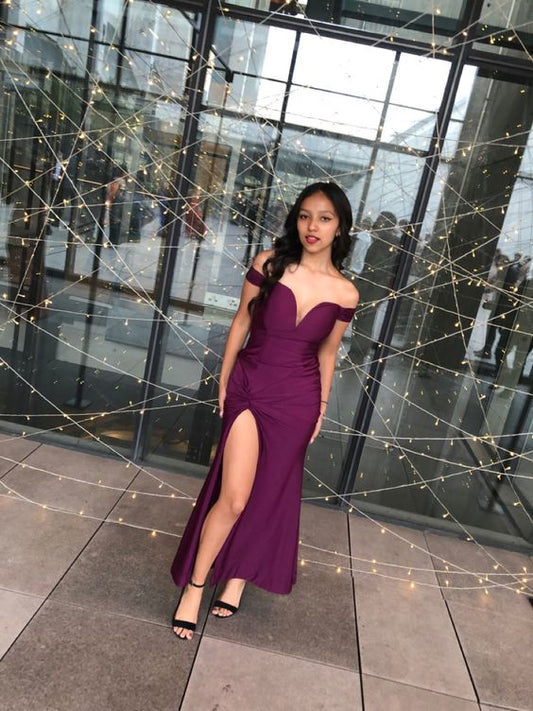 Sexy Mermaid Off The Shoulder Grape Slit Long Prom Dress P1645