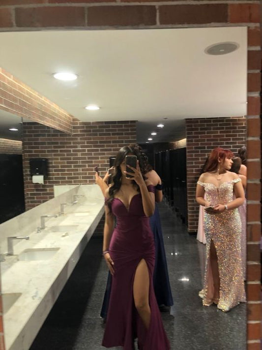 Sexy Mermaid Off The Shoulder Grape Slit Long Prom Dress P1645