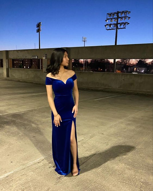 Sexy Mermaid Off The Shoulder Royal Blue Velvet Slit Long Prom Dress P1646