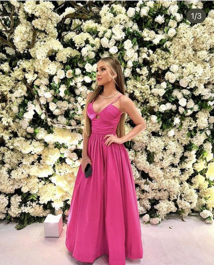 Einfaches, pinkfarbenes, langes Abschlussballkleid mit Spaghettiträgern in A-Linie P1654