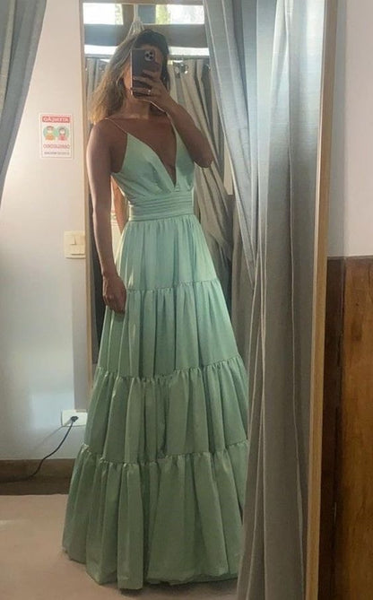 Einfaches A-Linien Träger Mintgrünes langes Ballkleid P1660