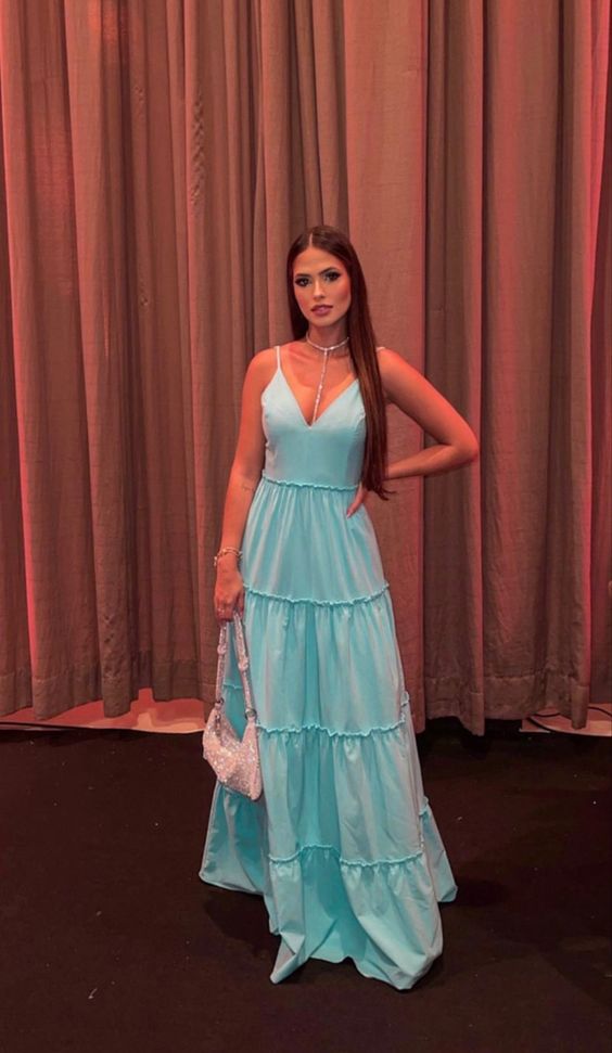 Simple A line Straps Blue Long Prom Dress P1663