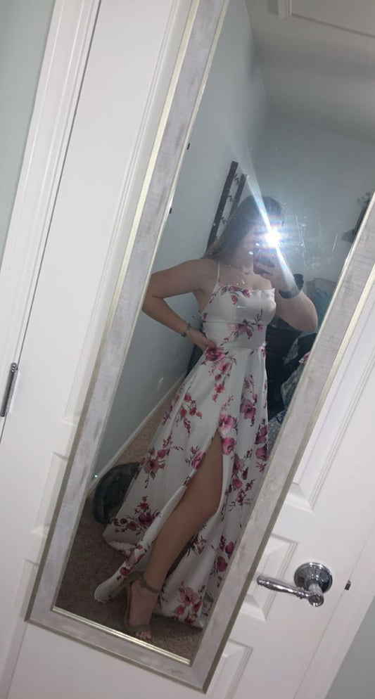 Simple A line Straps White Satin Floral Long Prom Dress P1664