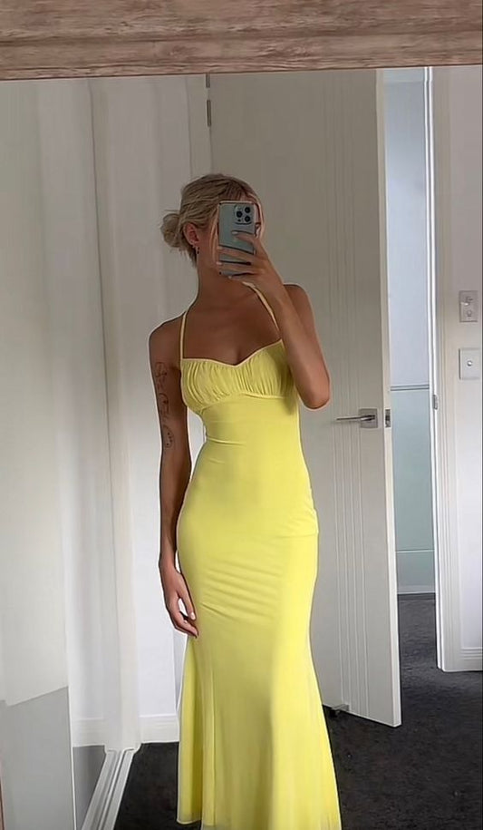 Simple Mermaid Halter Yellow Long Prom Dress P1666