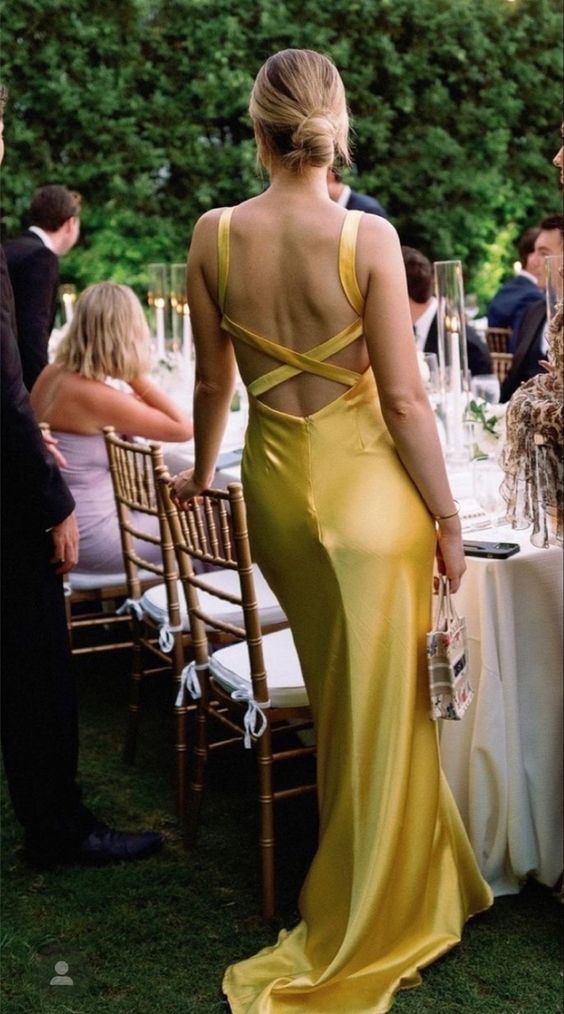 Simple Mermaid Straps Yellow Backless Long Prom Dress P1669