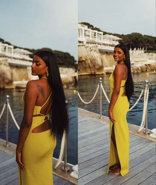 Simple Sheath Halter Slit Yellow Long Prom Dress P1672