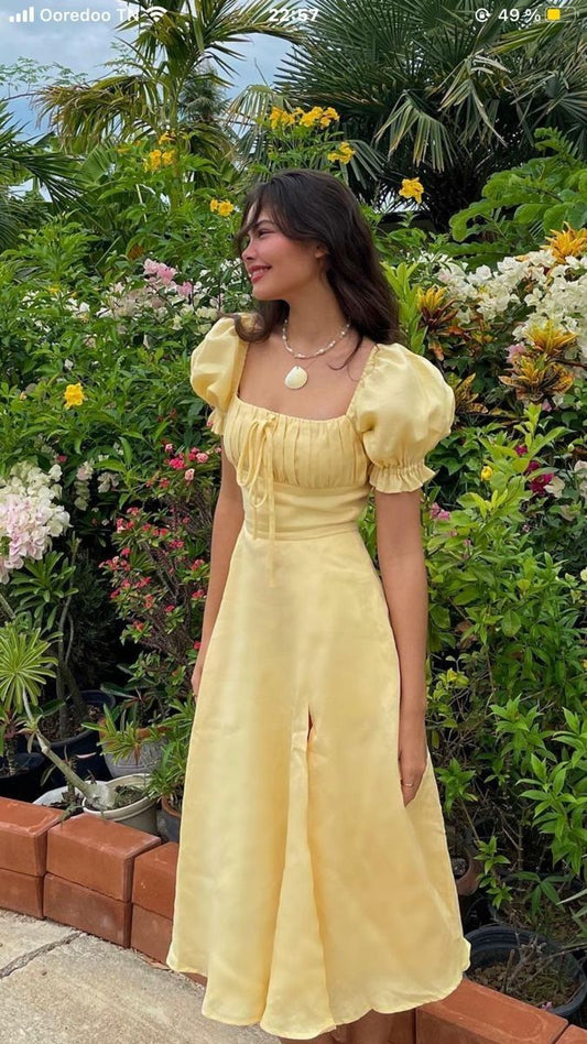 Light Yellow A-line Prom Dress with Puff Sleeves P1673