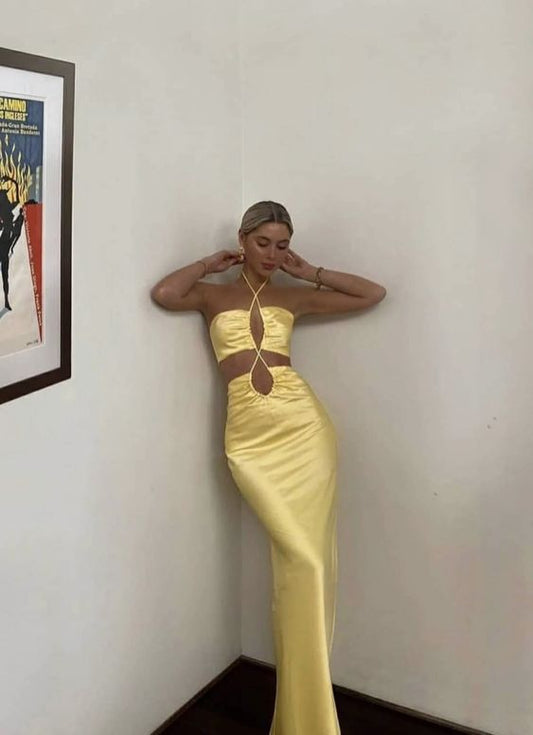 Sexy Mermaid Halter Yellow Prom Dress P1674