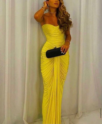 Sexy Meerjungfrau Sweetheart Rüschen Gelbes Ballkleid Hochzeitsgastkleider P1679
