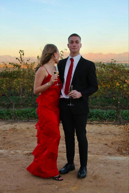 Sexy Spaghettiträger Etuikleid Lang Rot Chiffon Ballkleid 1683