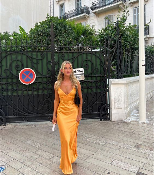 Sexy Mermaid Spaghetti Straps Yellow Long Prom Dress 1685