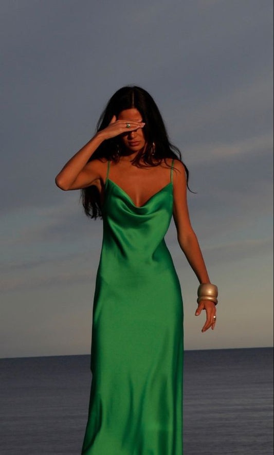 Sexy A line Spaghetti Straps Green Floor Length Prom Dress 1688