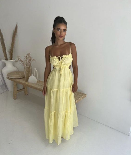 Sexy A line Spaghetti Straps Yellow Floor Length Chiffon Prom Dress 1691