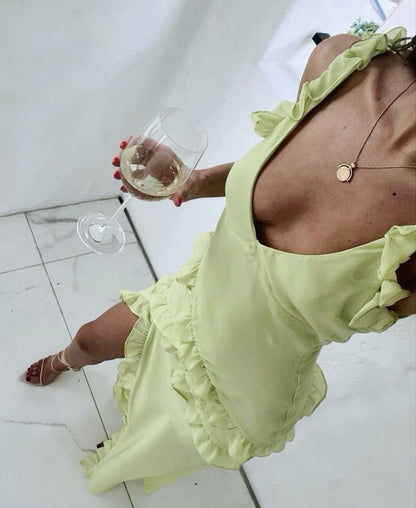 Sexy A-Linie Spaghettiträger Rüschen Bodenlanges Chiffon Ballkleid 1693