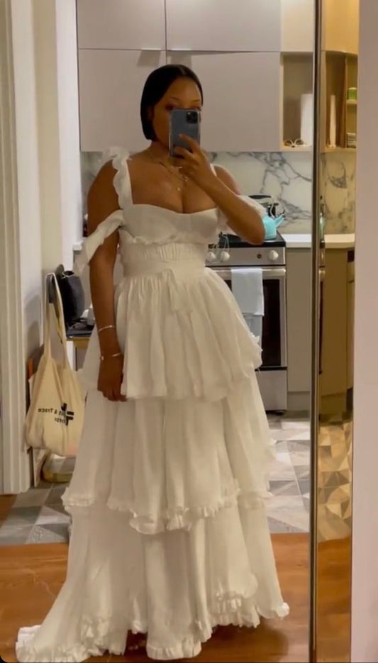Sexy A line Straps Ruffles Floor Length Chiffon White Prom Dress 1697