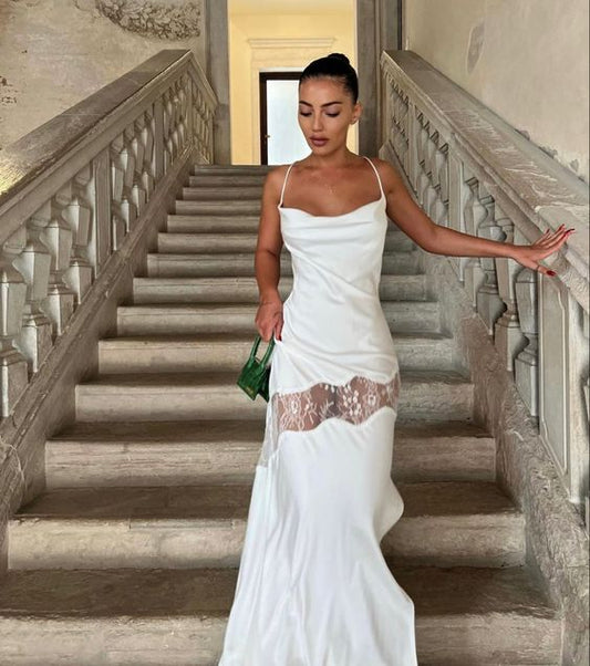 Sexy A line Straps Floor Length Backless White Prom Dress 1699