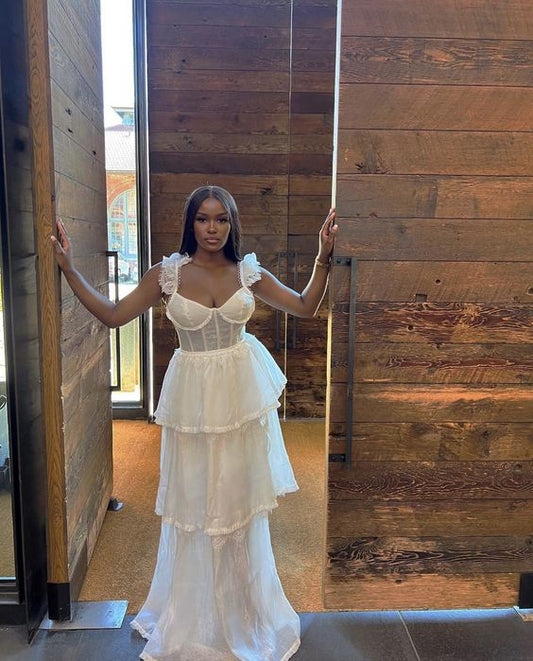 Sexy A Line Straps Floor Length White Lace Prom Dress 1701