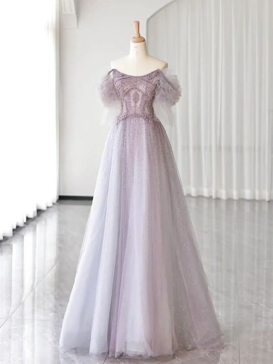 Luxurious A Line Off The Shoulder Pink Long Prom Dress P1717