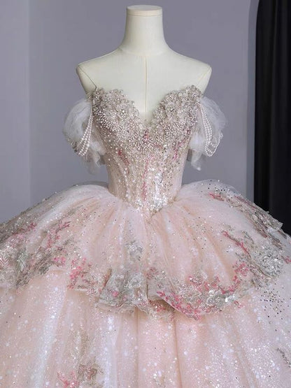 Ball Gown Sweet 16 Dress Off the Shoulder Pink Sweet 16 Dresses P1718