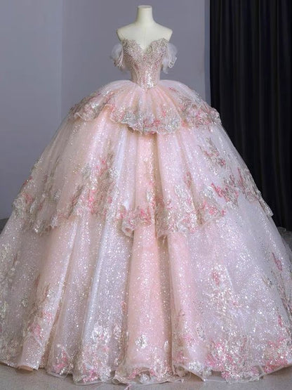 Ball Gown Sweet 16 Dress Off the Shoulder Pink Sweet 16 Dresses P1718