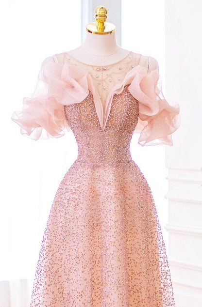 Luxuriöses A-Linien-Abendkleid aus rosa Tüll mit Carmen-Ausschnitt P1719