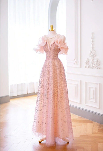 Luxuriöses A-Linien-Abendkleid aus rosa Tüll mit Carmen-Ausschnitt P1719