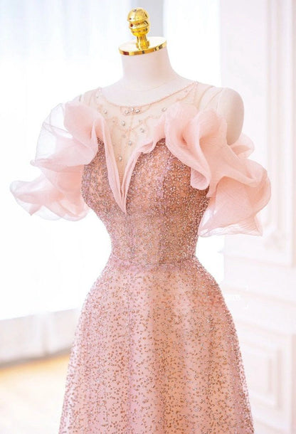 Luxuriöses A-Linien-Abendkleid aus rosa Tüll mit Carmen-Ausschnitt P1719
