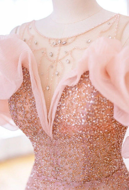 Luxuriöses A-Linien-Abendkleid aus rosa Tüll mit Carmen-Ausschnitt P1719