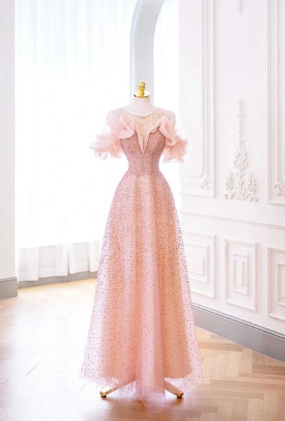 Luxuriöses A-Linien-Abendkleid aus rosa Tüll mit Carmen-Ausschnitt P1719