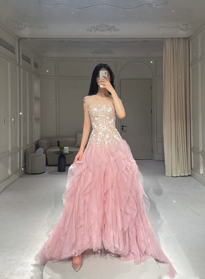Robe de bal de luxe bustier en tulle rose longue robe de bal P1720